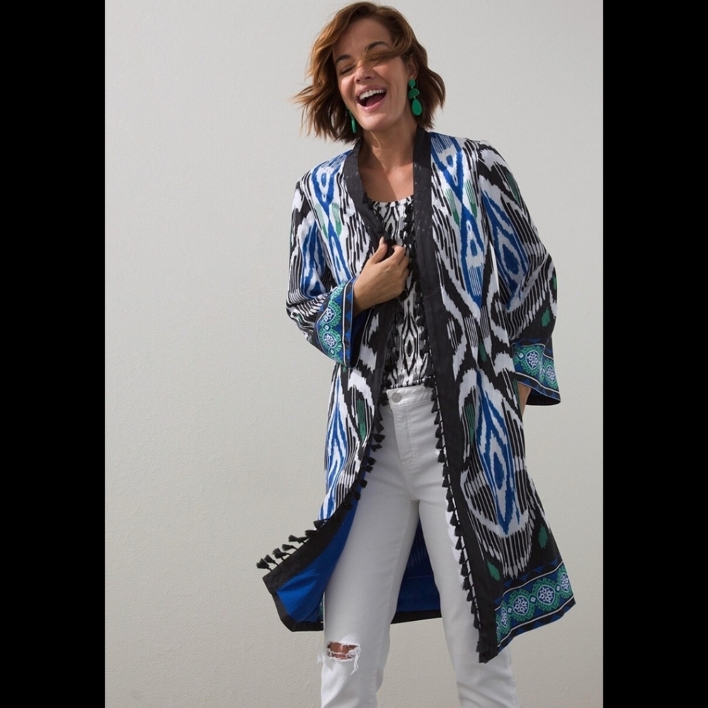 🆕 LISTING!! BNWOT CHICO'S 40TH ANNIVERSARY EDITION BORDERED TASSEL IKAT KIMONO